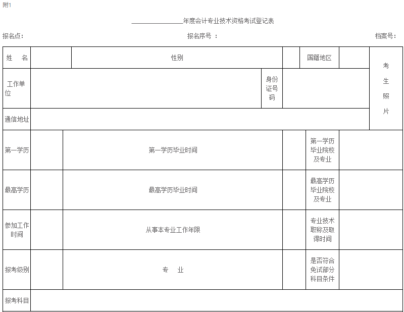 年度會計專業(yè)技術(shù)資格考試登記表