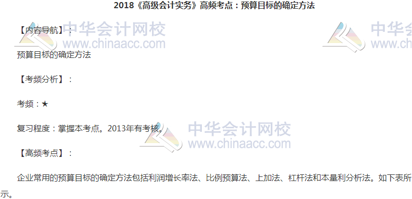 高級(jí)會(huì)計(jì)職稱(chēng)《高級(jí)會(huì)計(jì)實(shí)務(wù)》高頻考點(diǎn)：預(yù)算目標(biāo)的確定方法