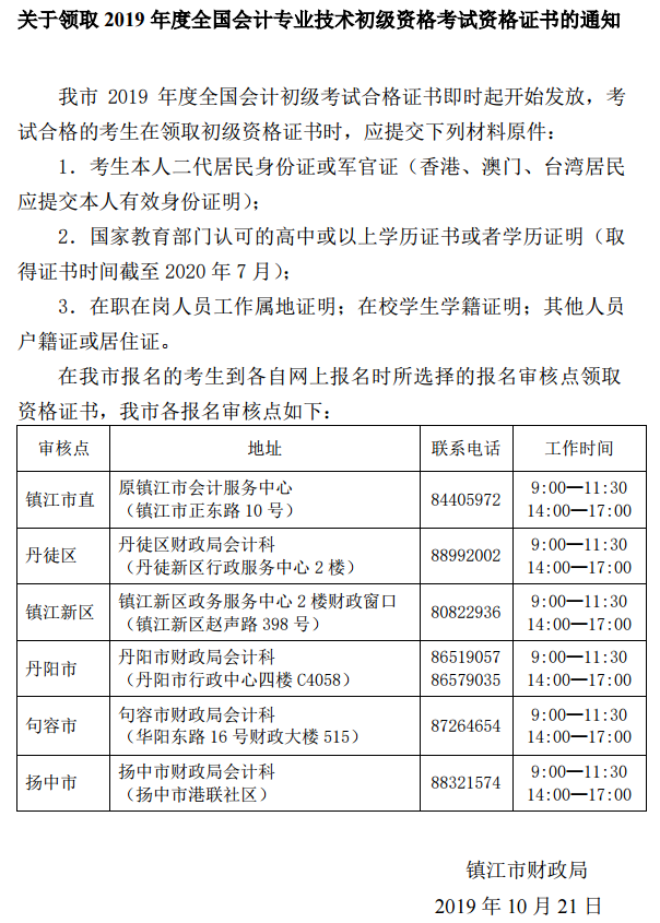 2019年江蘇省鎮(zhèn)江市初級(jí)會(huì)計(jì)證書領(lǐng)取的通知