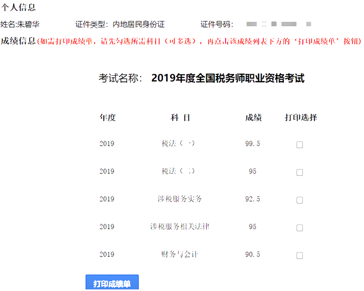 2019稅務師一次過五科高分學員成績單4