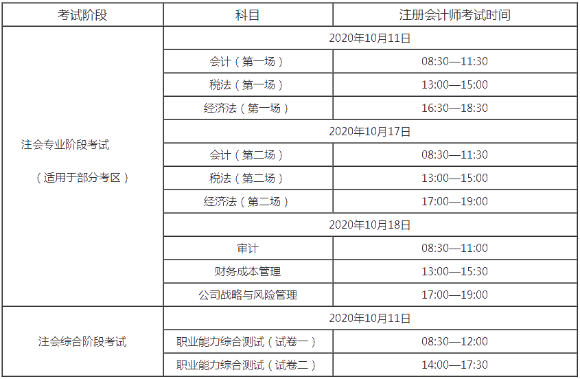 2020注會(huì)考試科目時(shí)間表