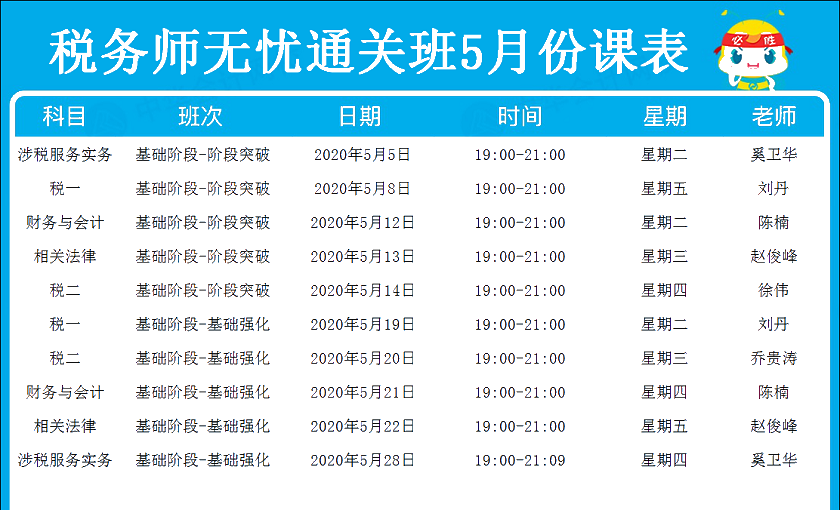 稅務(wù)師無憂直達班5月份課表