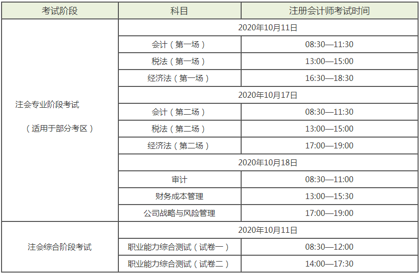 2020年福建cpa考試時間科目安排表公布了！