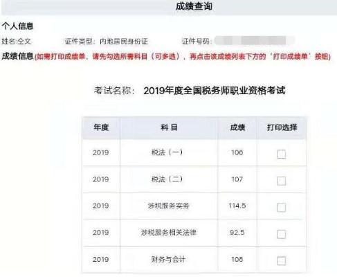 稅務(wù)師成績截圖