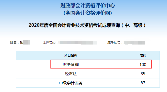 中級會計(jì)職稱百分學(xué)員成績單