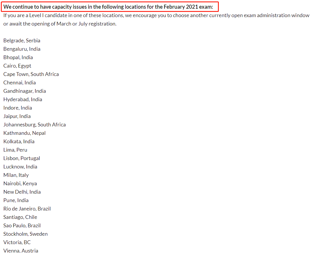 2021年2月CFA考生注意 這些考點(diǎn)已關(guān)閉考場預(yù)約！