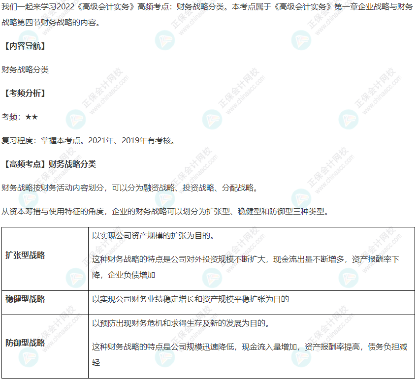 2022《高級會計(jì)實(shí)務(wù)》高頻考點(diǎn)：財(cái)務(wù)戰(zhàn)略分類