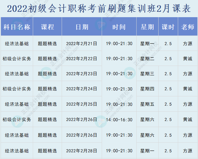 速看！2022初級會計職稱考前刷題集訓(xùn)班課表已出爐！