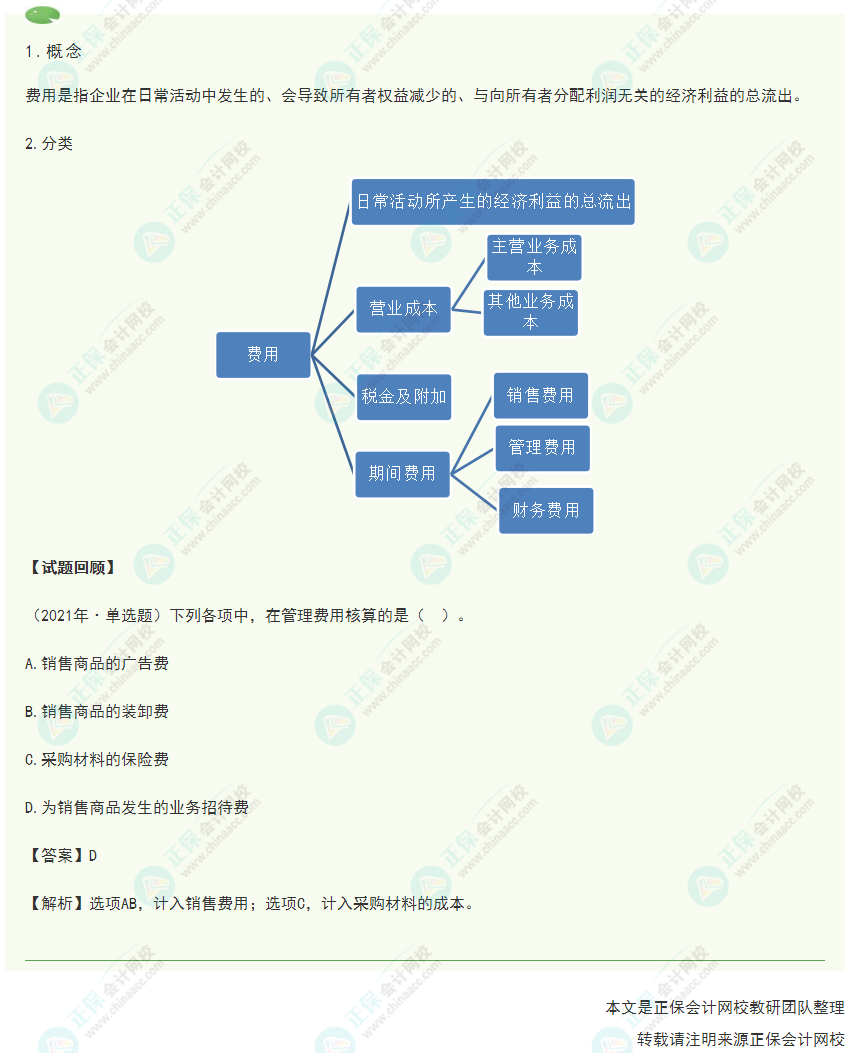 2022年《初級會計實務》高頻考點：費用的內容及其分類