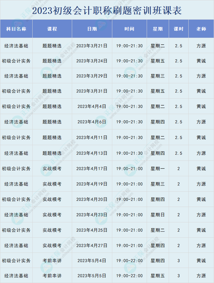 2023年初級會計職稱刷題密訓班直播課表