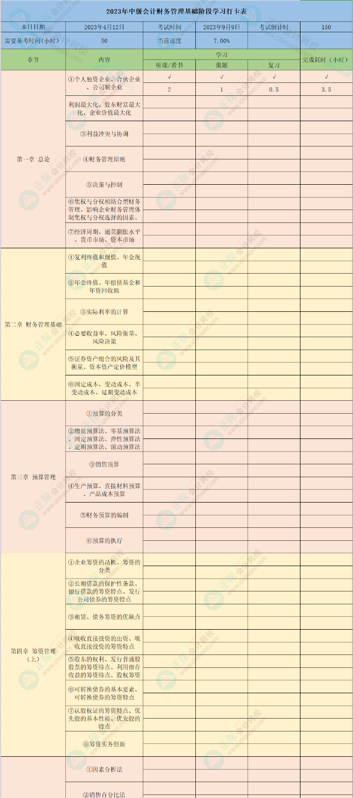 2023年中級(jí)會(huì)計(jì)財(cái)務(wù)管理10章學(xué)習(xí)打卡表