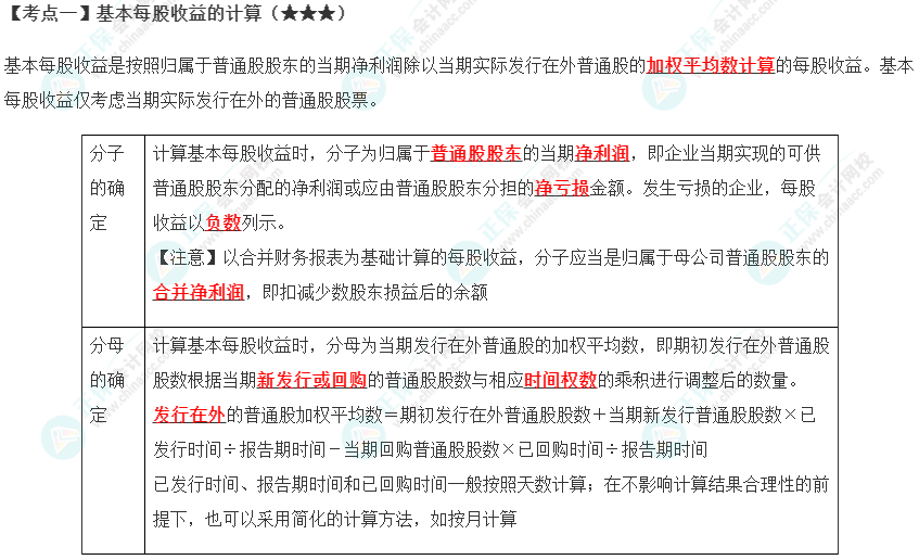 2023年注會《會計》第28章高頻考點1：基本每股收益的計算