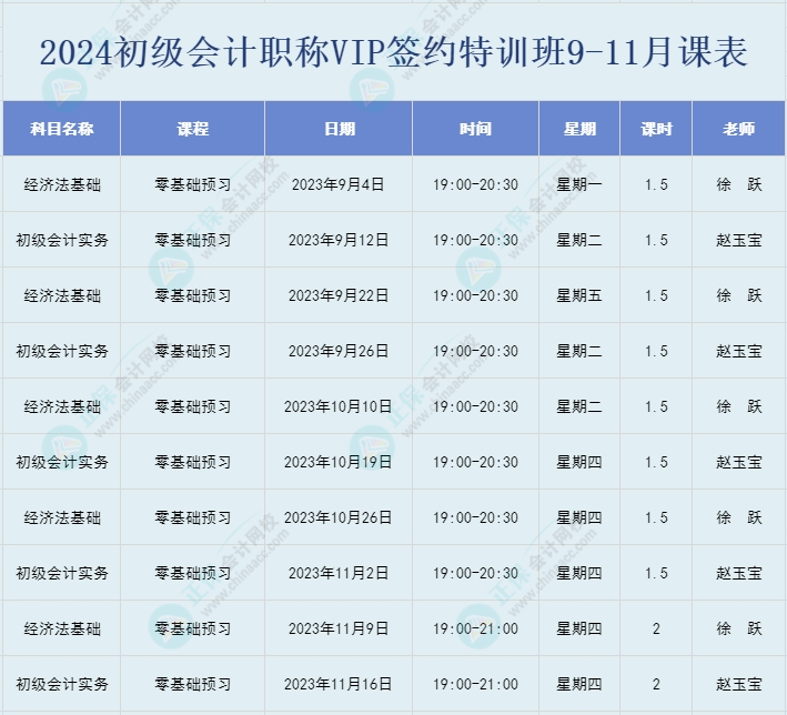 2024初級會計職稱VIP簽約特訓班9-11月直播課表