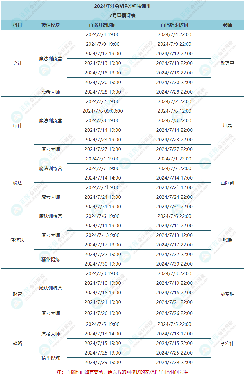 2024年注會vip簽約特訓(xùn)班7月課表