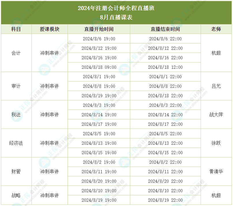 注會(huì)全程直播班8月課表-7.23