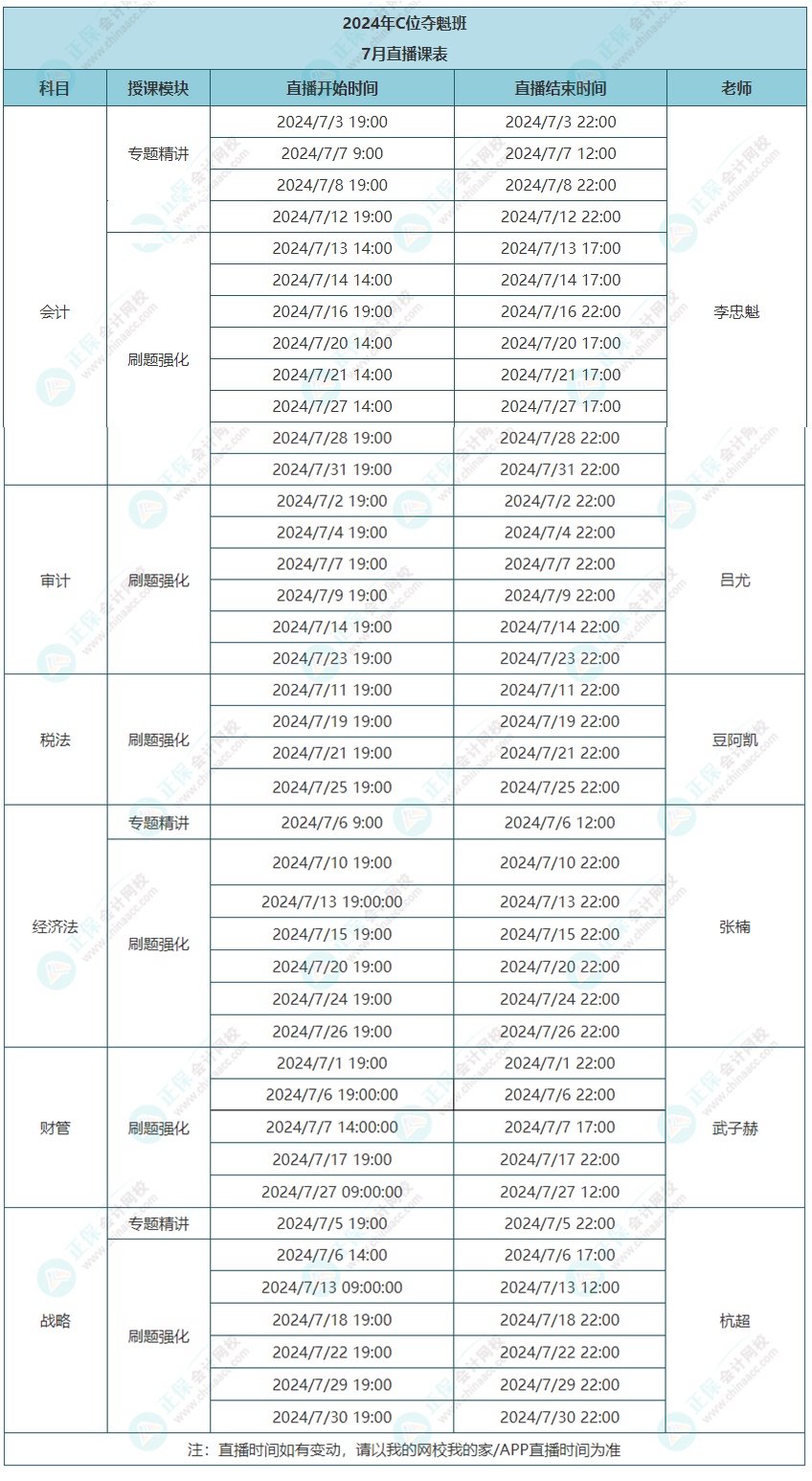 2024年注會C位奪魁班7月課表更新啦！速看上課時間~