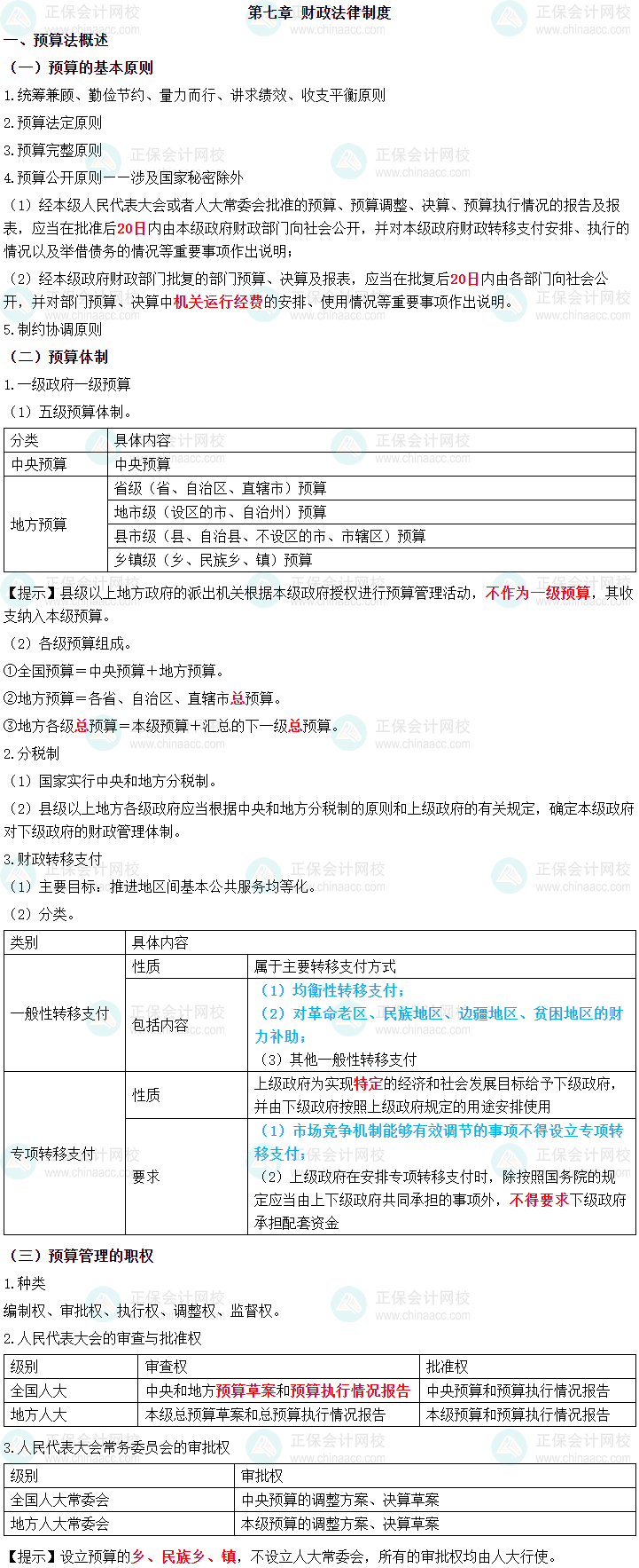 2024年中級會計職稱《經濟法》三色筆記第七章-財政法律制度