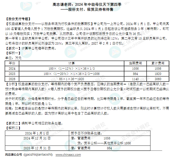 【答案】2024年《中級會計(jì)實(shí)務(wù)》母儀天下第四季-股份支付、租賃及持有待售