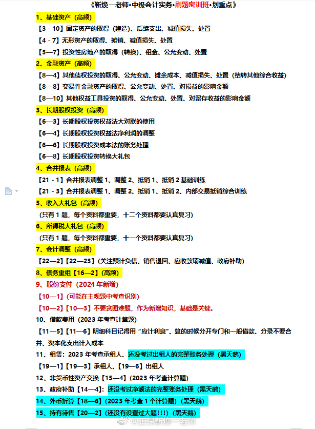 2024中級會計考生注意！靳煥一中級會計實務劃重點啦！