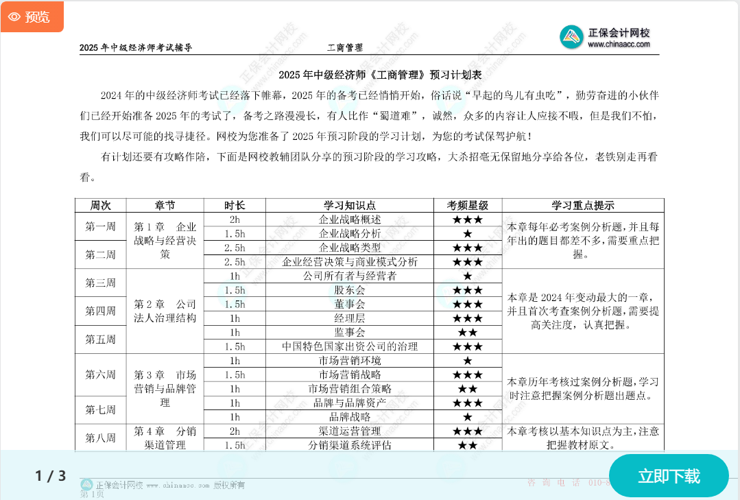 2025中級經(jīng)濟(jì)師《工商管理》預(yù)習(xí)計劃表